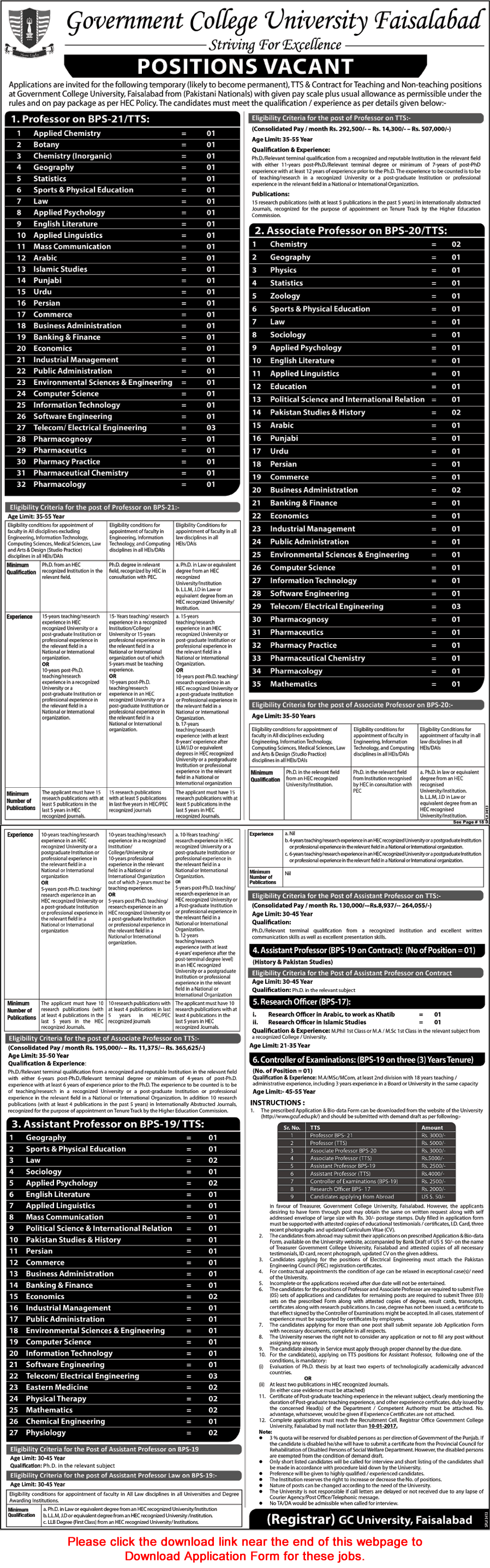 GC University Faisalabad Jobs December 2016 Application Form Teaching Faculty & Others Latest