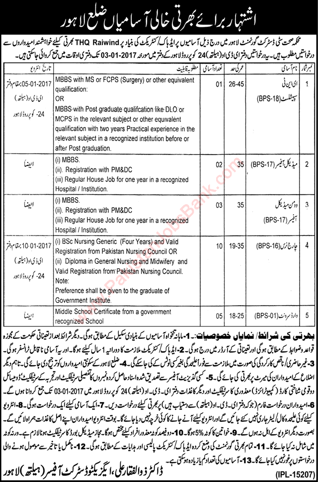 THQ Hospital Raiwind Jobs December 2016 Charge Nurses, Medical Officers, Ward Servants & ENT Specialist Latest