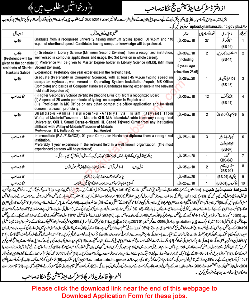District and Session Court Nankana Sahib Jobs December 2016 Application Form Stenographers, Clerks  & Others Latest