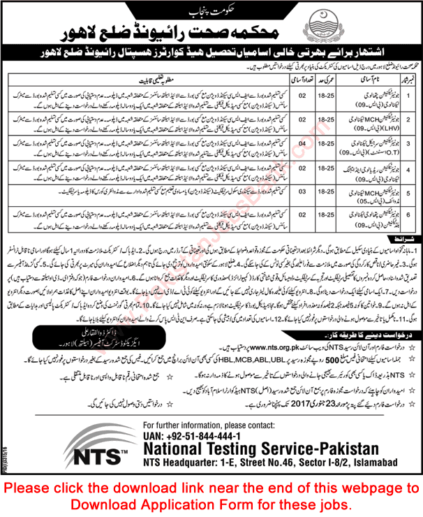 Health Department Raiwind Lahore Jobs 2017 NTS Application Form at THQ Hospital Latest