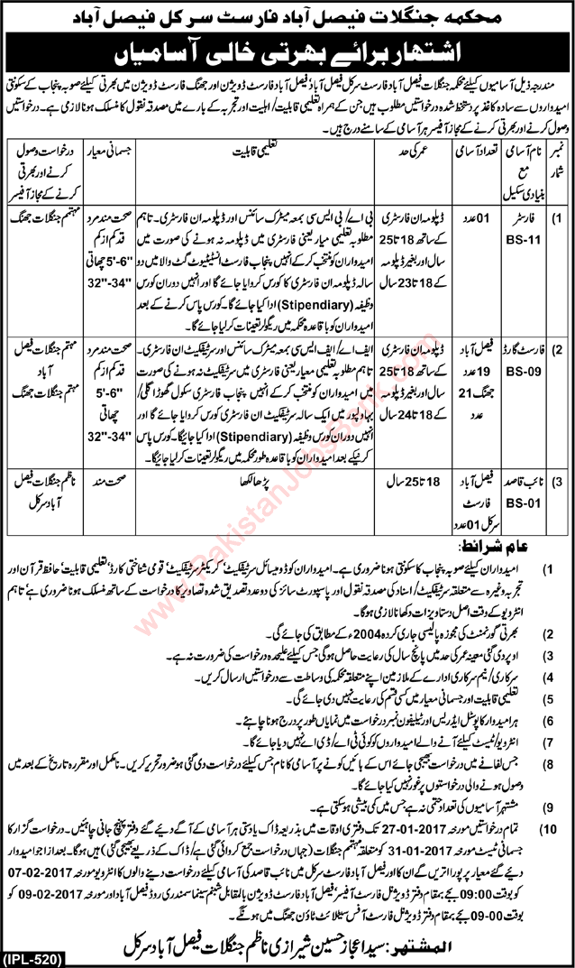 Forest Department Faisalabad Circle Jobs 2017 Forest Guards, Forester & Naib Qasid Latest