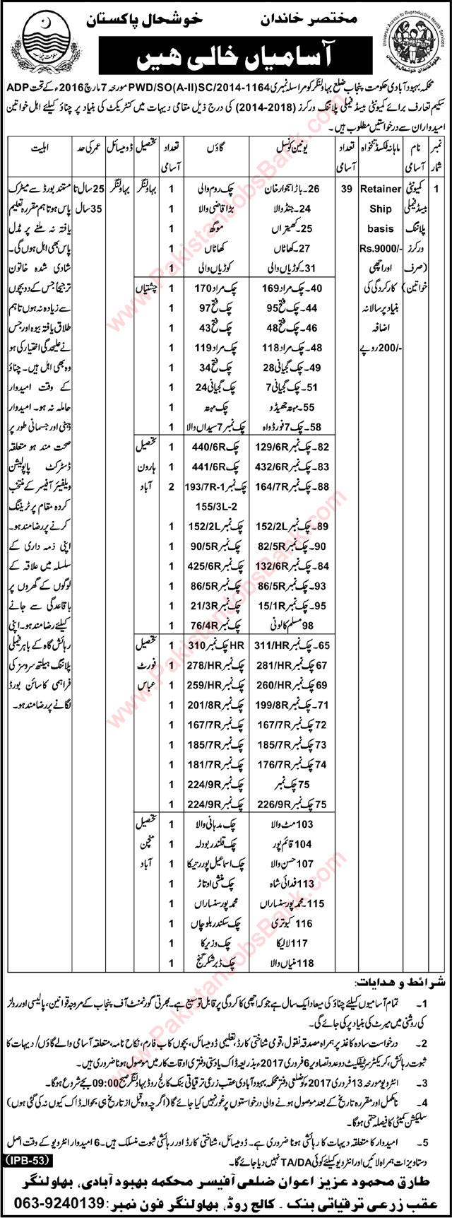 Family Planning Worker Jobs in Population Welfare Department Bahawalnagar 2017 January Latest