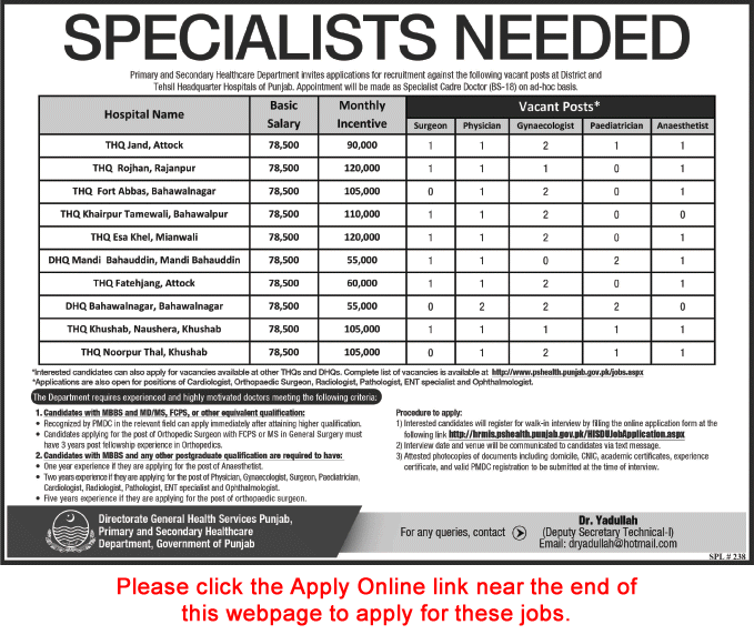 Specialist Doctor Jobs in Primary & Secondary Healthcare Department Punjab 2017 Apply Online Latest