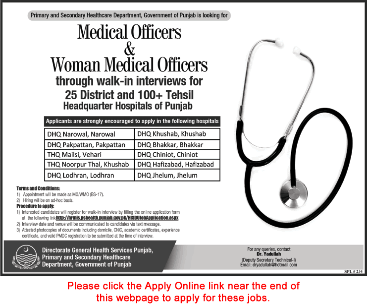 Medical Officer Jobs in Primary & Secondary Healthcare Department Punjab 2017 Walk in Interview Latest