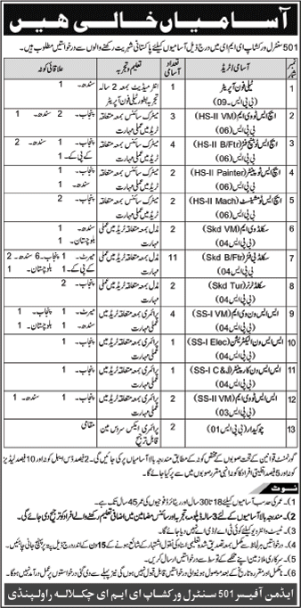 501 Central Workshop EME Rawalpindi Jobs 2017 Vehicle Mechanics, Bench Fitters & Others Latest