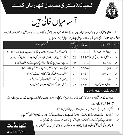 CMH Kharian Jobs 2017 Medical Assistants, Ward Boys, Sanitary Workers & Others Combined Military Hospital Latest