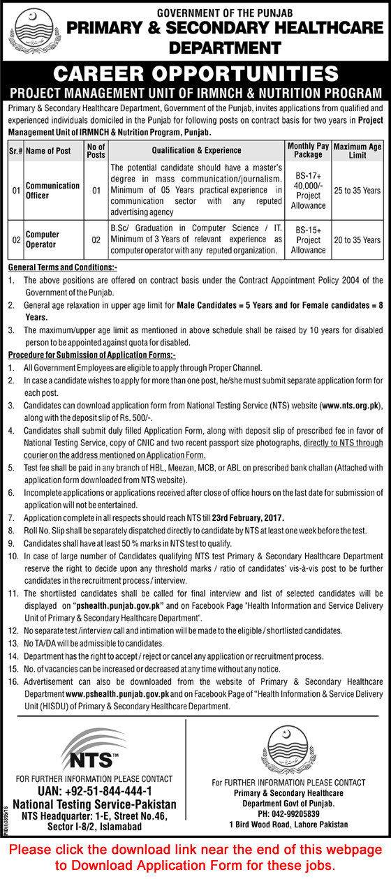 Primary and Secondary Healthcare Department Punjab Jobs 2017 NTS Application Form IRMNCH & Nutrition Program Latest