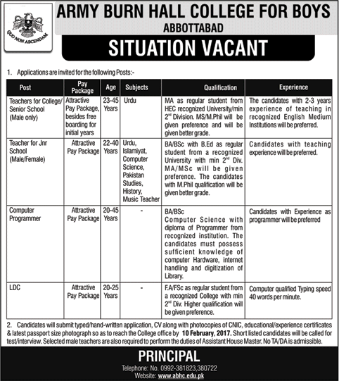 Army Burn Hall College Abbottabad Jobs 2017 Teachers, Computer Programmers & Clerks Latest