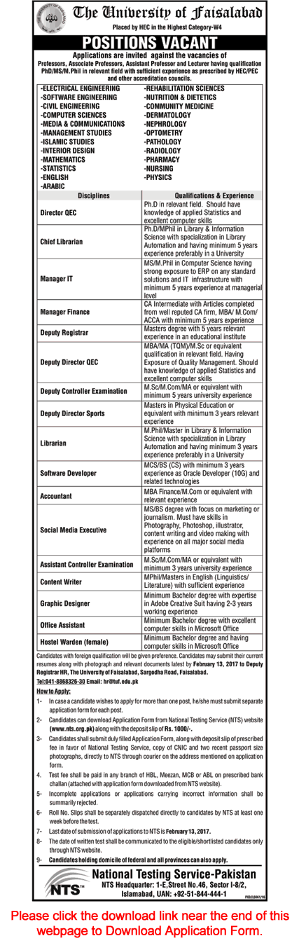 University of Faisalabad Jobs 2017 NTS Application Form Teaching Faculty, Admin & Support Staff Latest