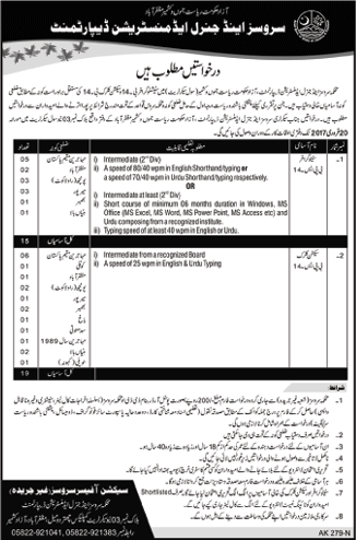 Services and General Administration Department AJK Jobs 2017 Stenographers & Section Clerks Latest