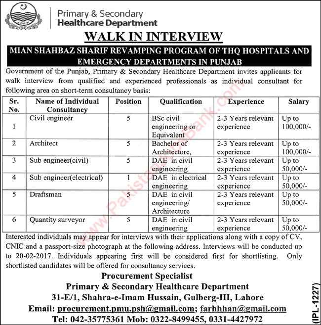 Primary and Secondary Healthcare Department Punjab Jobs 2017 February Walk in Interview Latest