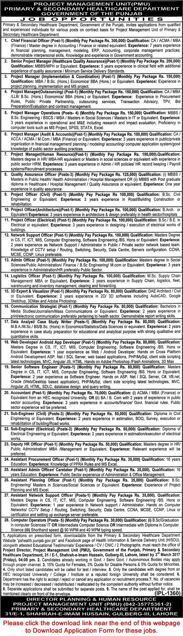 Primary and Secondary Healthcare Department Punjab Jobs February 2017 Application Form Computer Operators & Others Latest