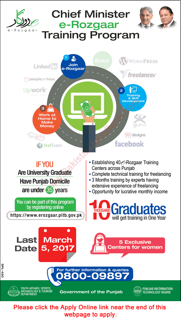 Chief Minister e-Rozgaar Training Program 2017 February PITB Punjab Apply Online Latest