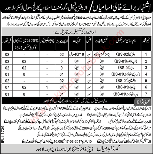 Government Islamia College Lahore Jobs 2017 February Chowkidar, Naib Qasid, Lab Attendant & Others Latest