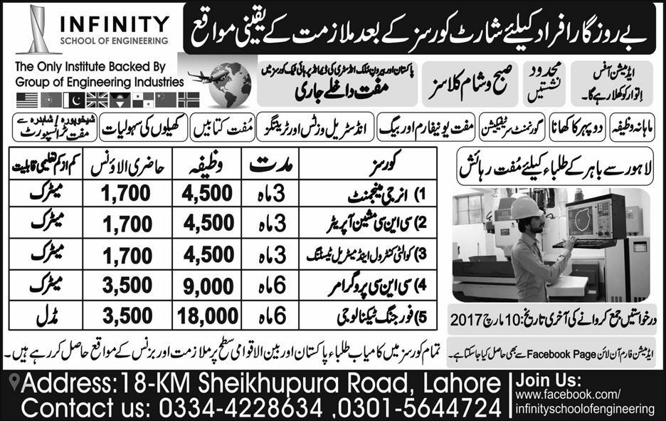 Infinity School of Engineering Lahore Free Courses 2017 February Latest