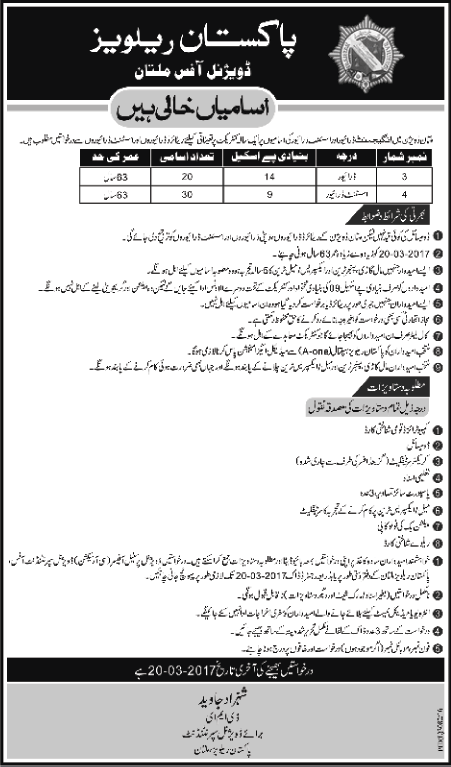 Pakistan Railways Jobs March 2017 Multan Division Drivers & Assistants Drivers Latest