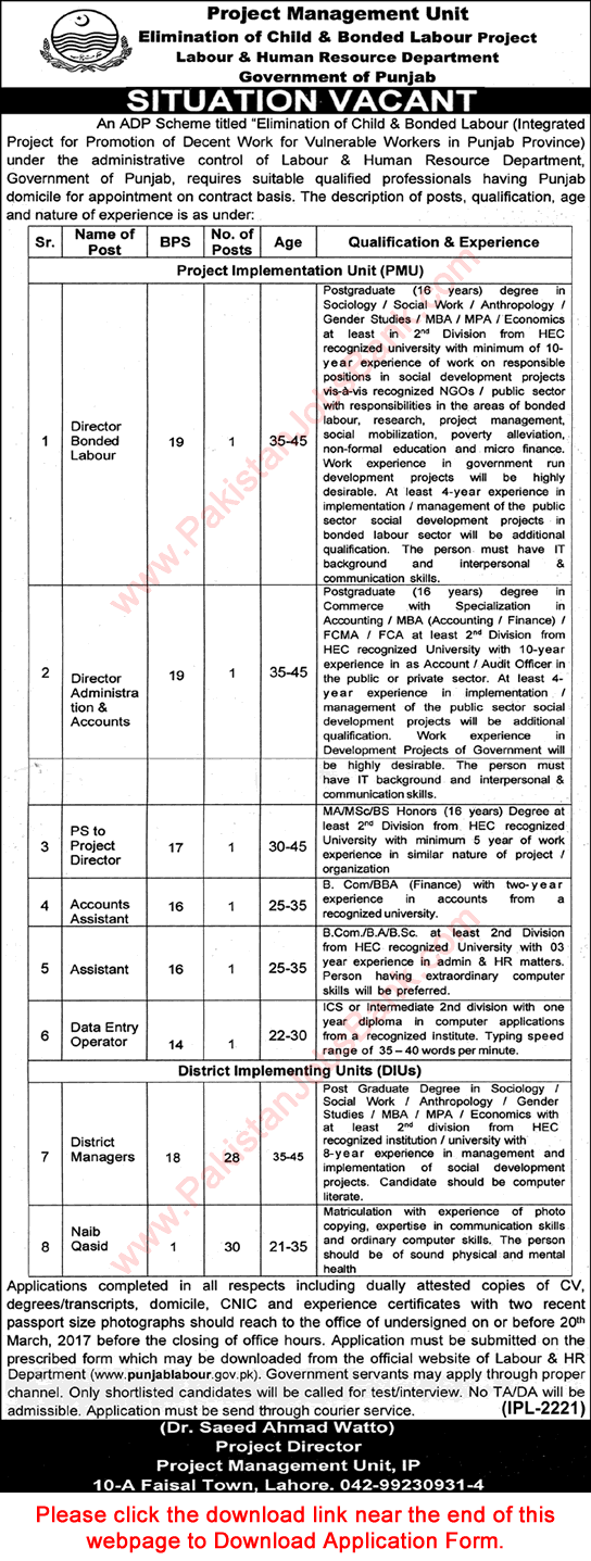 Labour and Human Resource Department Punjab Jobs 2017 March Application Form District Managers, Naib Qasid & Others Latest