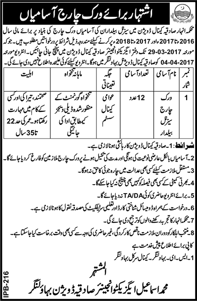 Baildar Jobs in Irrigation Department Bahawalnagar 2017 March Sadqia Canal Division Latest