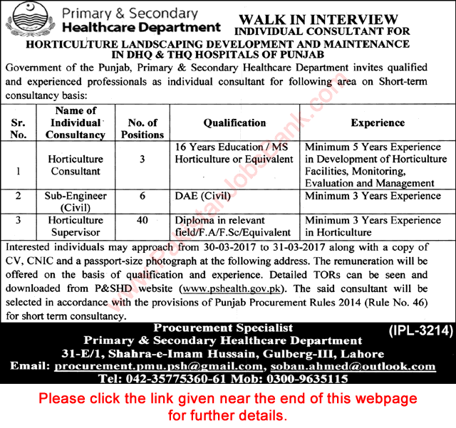 Primary and Secondary Healthcare Department Punjab Jobs March 2017 Walk in Interview Horticulture Supervisors & Others Latest