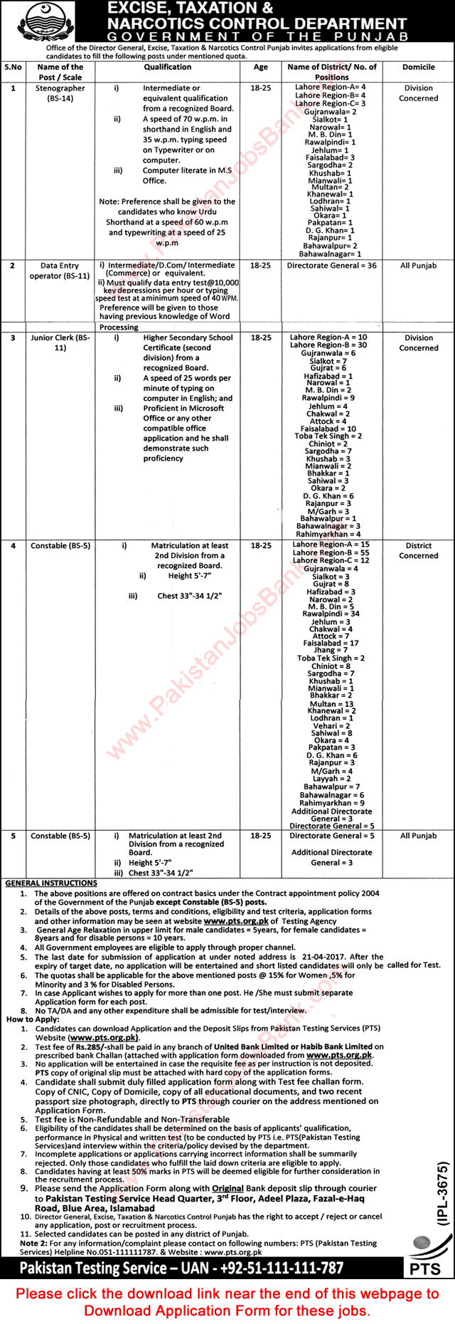 Excise and Taxation Department Punjab Jobs April 2017 PTS Application Form Constables, Clerks & Others Latest