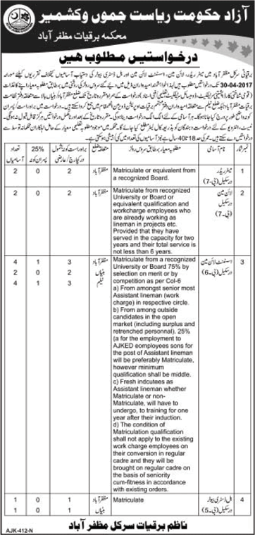 Electricity Department AJK Jobs 2017 April Muzaffarabad Lineman, Meter Readers & Bill Distributors Latest