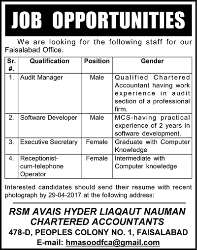 Software Developers, Audit Manager & Other Jobs in Faisalabad 2017 April Latest