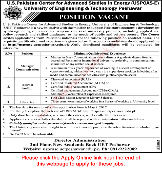 US Pakistan Center for Advanced Studies in Energy UET Peshawar Jobs 2017 April Apply Online Latest