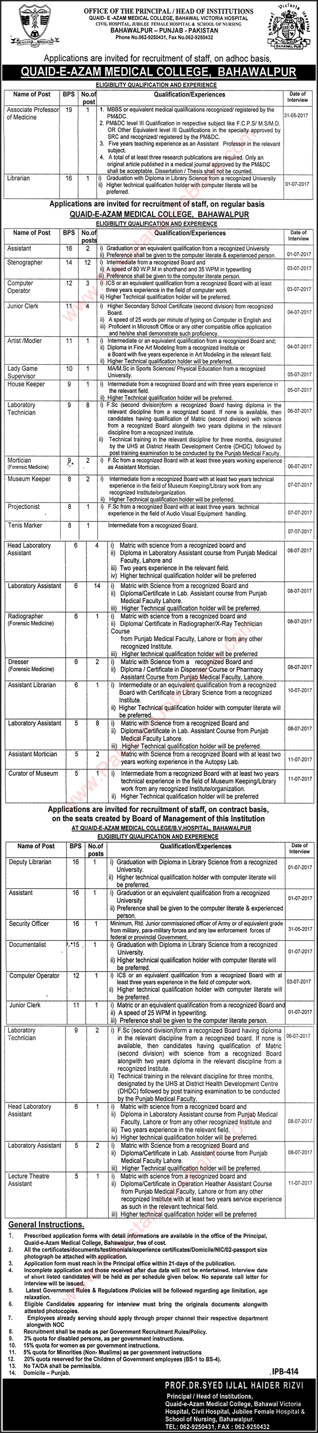 Quaid-e-Azam Medical College Bahawalpur Jobs 2017 April / May Bahawal Victoria Hospital Latest