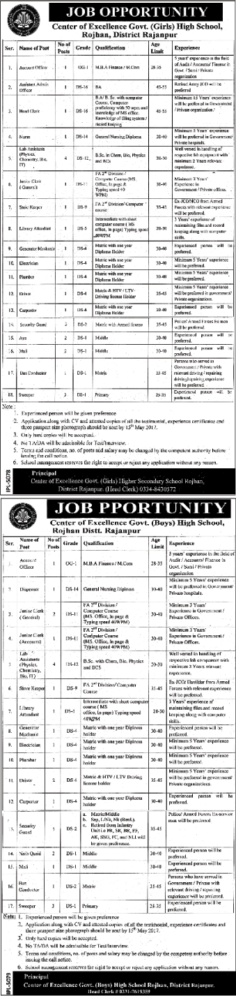 Center of Excellence Government High School Rojhan Jobs April 2017 May Punjab Danish Schools Latest