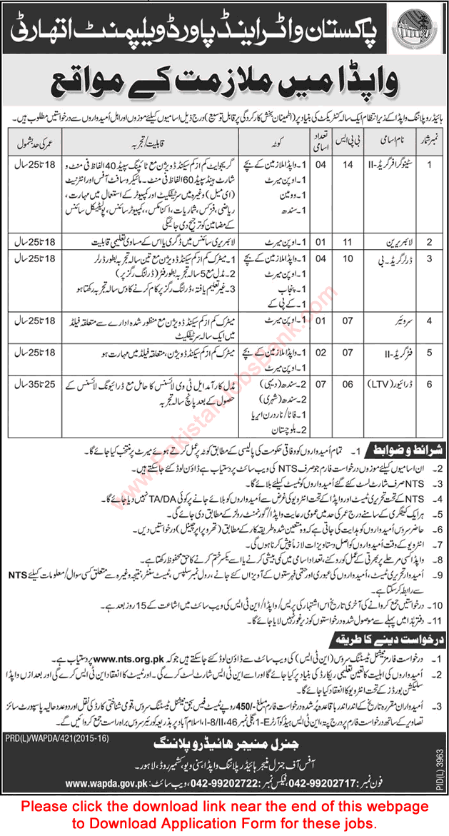 WAPDA Jobs May 2017 NTS Application Form Stenographers, Drivers, Drillers & Others Latest