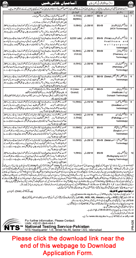 Health Department Rahim Yar Khan Jobs 2017 May NTS Application Form Nurses & Medical Technicians Latest