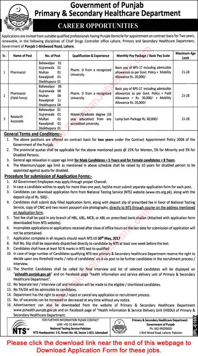 Primary and Secondary Healthcare Department Punjab Jobs May 2017 NTS Application Form Pharmacists & Research Associates Latest