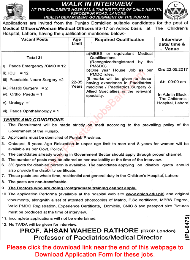 Medical Officer Jobs in Children's Hospital Lahore May 2017 Walk in Interview MO & WMO CHICH Latest