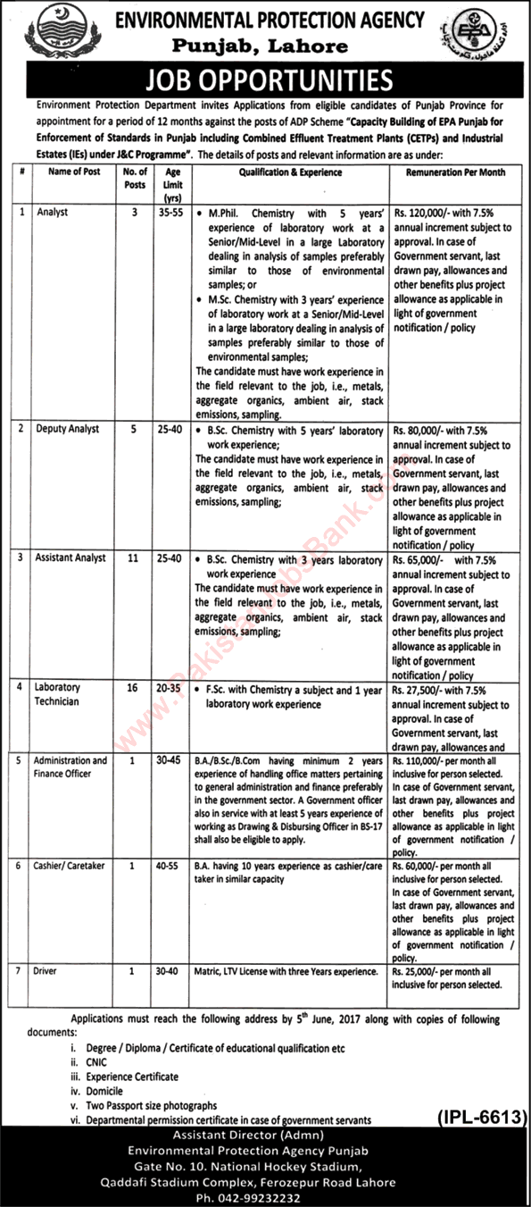 Environmental Protection Agency Punjab Jobs 2017 May Lahore Lab Technicians, Analysts & Others EPA Latest