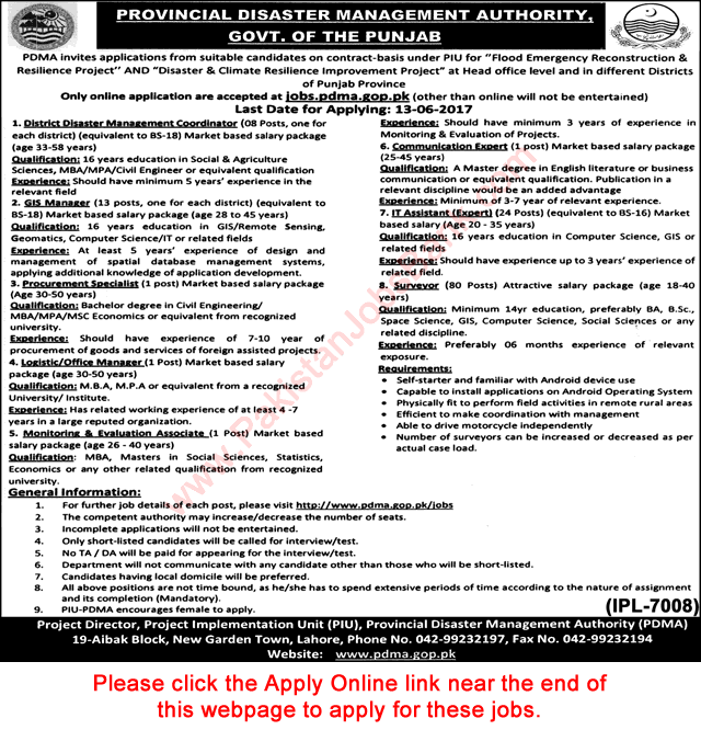 PDMA Jobs May 2017 June Punjab Apply Online Surveyors, IT Assistant Experts, GIS Managers & Others Latest