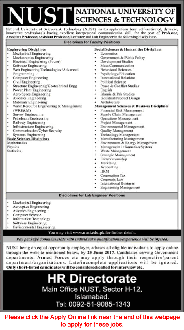 NUST University Islamabad Jobs June 2017 Apply Online Teaching Faculty & Lab Engineers Latest