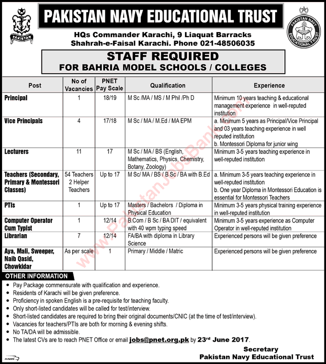 Pakistan Navy Educational Trust Karachi Jobs 2017 June PNET Bahria Model Schools & Colleges Latest