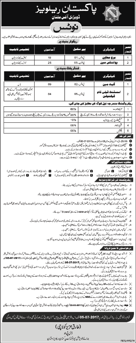 Pakistan Railways Jobs June 2017 Multan Division Pointsman, Muawan, Gateman & Telecom Technicians Latest