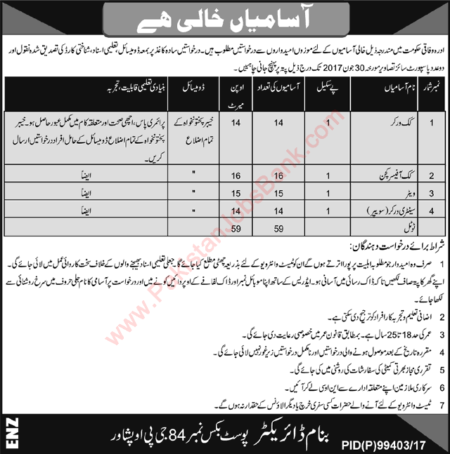 PO Box 84 GPO Peshawar Jobs 2017 June Cooks, Waiters & Sanitary Workers Federal Government Organization Latest