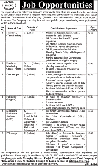 Punjab Municipal Development Fund Company Jobs 2017 June PMDFC Monitoring Evaluation Assistants & Others Latest