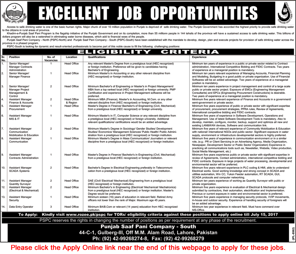 Punjab Saaf Pani Company Jobs June 2017 Lahore Apply Online Assistant Managers & Others PSPC Latest