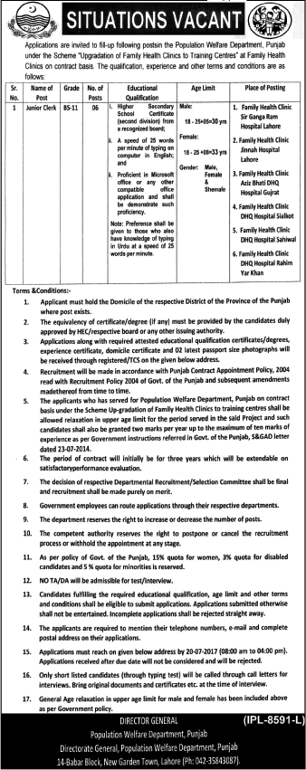 Clerk Jobs in Population Welfare Department Punjab July 2017 Latest