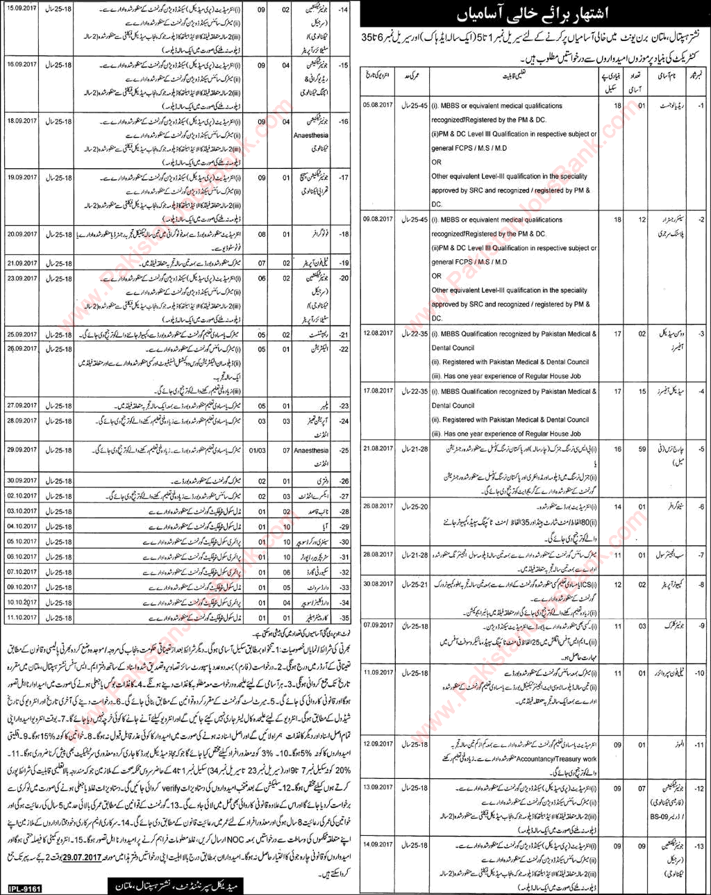 Nishtar Hospital Multan Jobs July 2017 Medical Officers, Nurses, Stenographer, Clerks & Others Latest