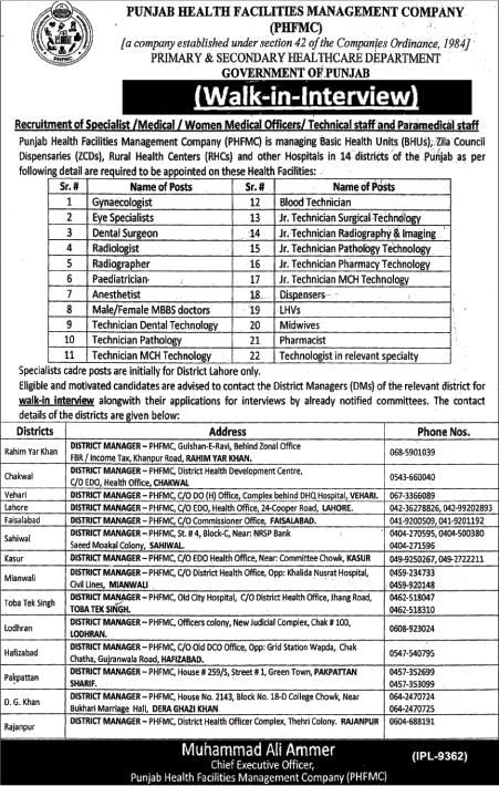 Punjab Health Facilities Management Company Jobs 2017 July Walk in Interview PHFMC Latest