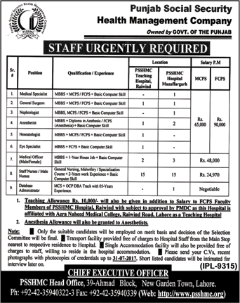 Punjab Social Security Health Management Company Jobs July 2017 PSSHMC Hospitals Muzaffargarh / Raiwind Latest