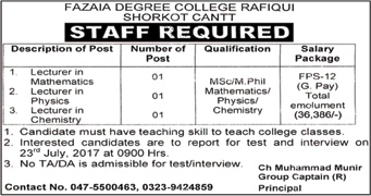 Lecturer Jobs in Fazaia Degree College Rafiqui Shorkot Cantt July 2017 Latest