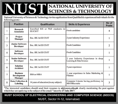 NUST University Islamabad Jobs July 2017 Research Associates, Software Developers & Others Latest