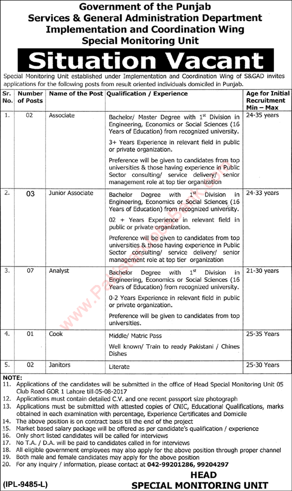 Services and General Administration Department Punjab Jobs July 2017 Analysts, Associates & Others Latest