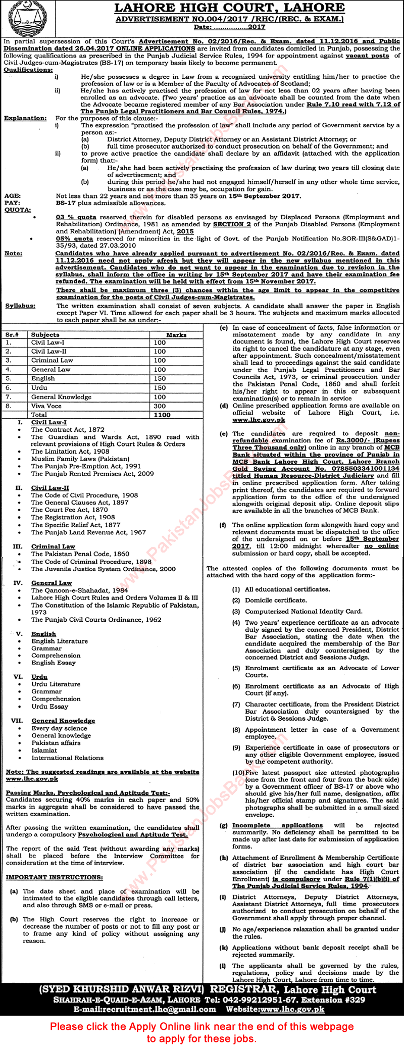 Civil Judge / Magistrate Jobs in Lahore High Court 2017 July Online Application Form Latest