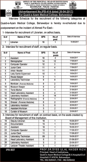 Quaid-e-Azam Medical College Bahawalpur Jobs July 2017 Interview Schedule Latest
